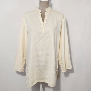 Lauren Ralph Lauren Size Large Ivory 100% Linen Roll Tab Sleeve Button Tunic Top